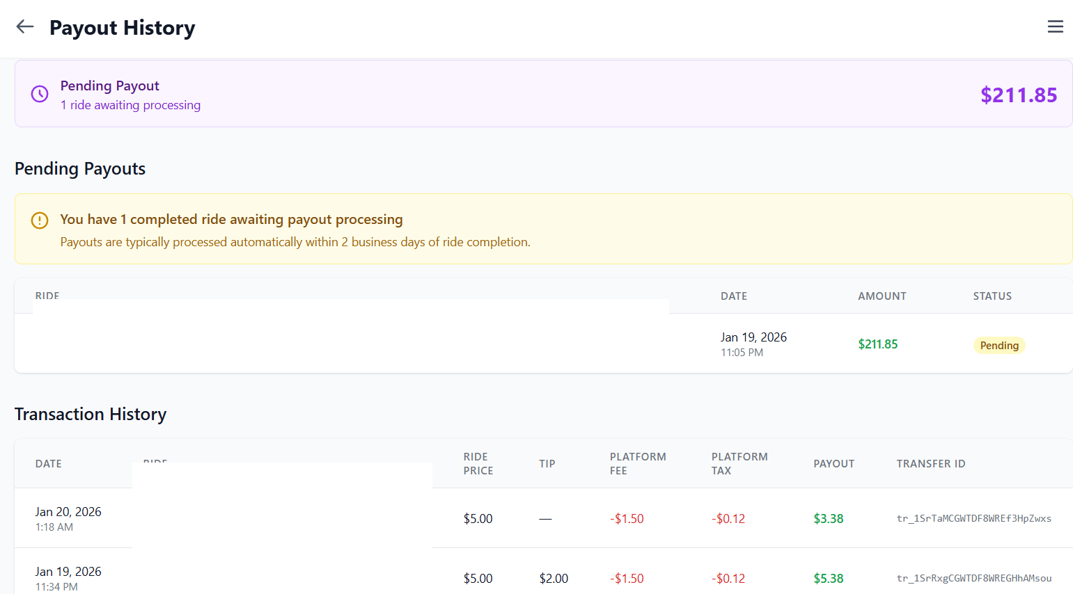 Payout History showing transparent fee breakdown