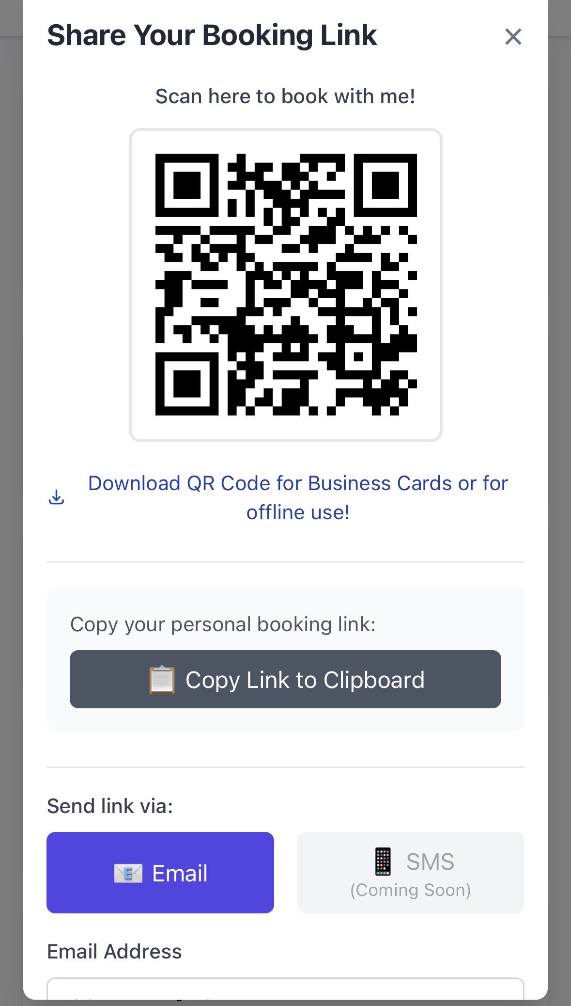QR Code booking link for sharing with riders